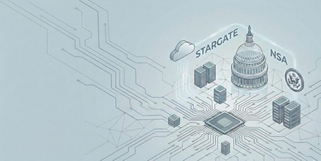 Infografía conceptual de infraestructura de servidores conectada al Capitolio de EE. UU., representando la integración entre Big Tech e inteligencia nacional.